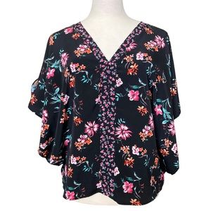 ee:some Women's black floral kimono style blouse top, Sz L